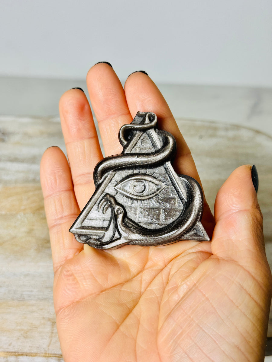 Silver Obsidian Snake with Evil Eye Pyramid Carving
