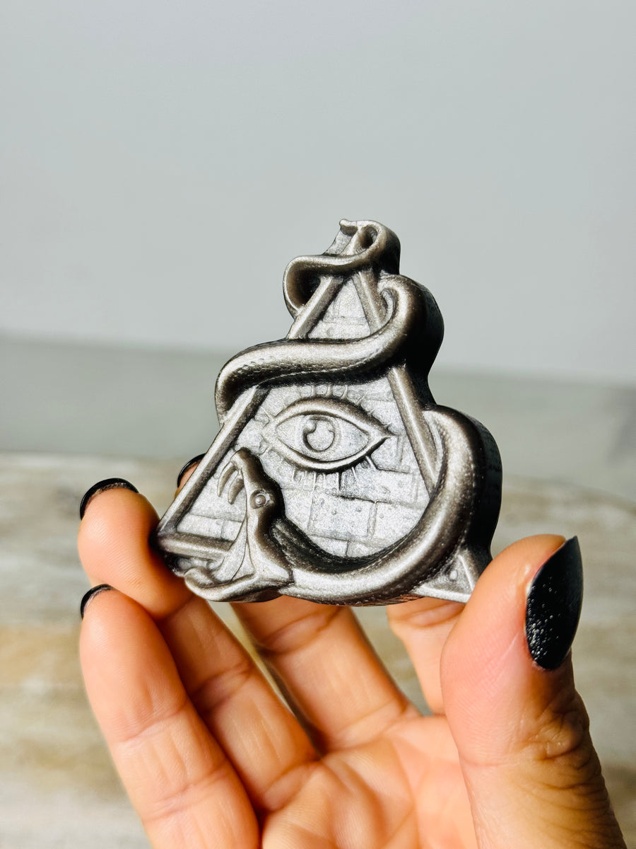 Silver Obsidian Snake with Evil Eye Pyramid Carving