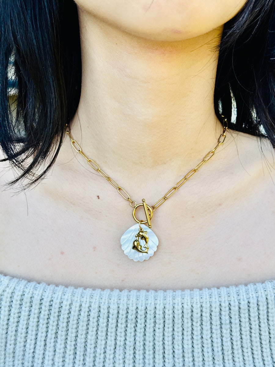 “Ocean Harmony” Gold Plated Dolphin & Mother of Pearl Toggle Necklace