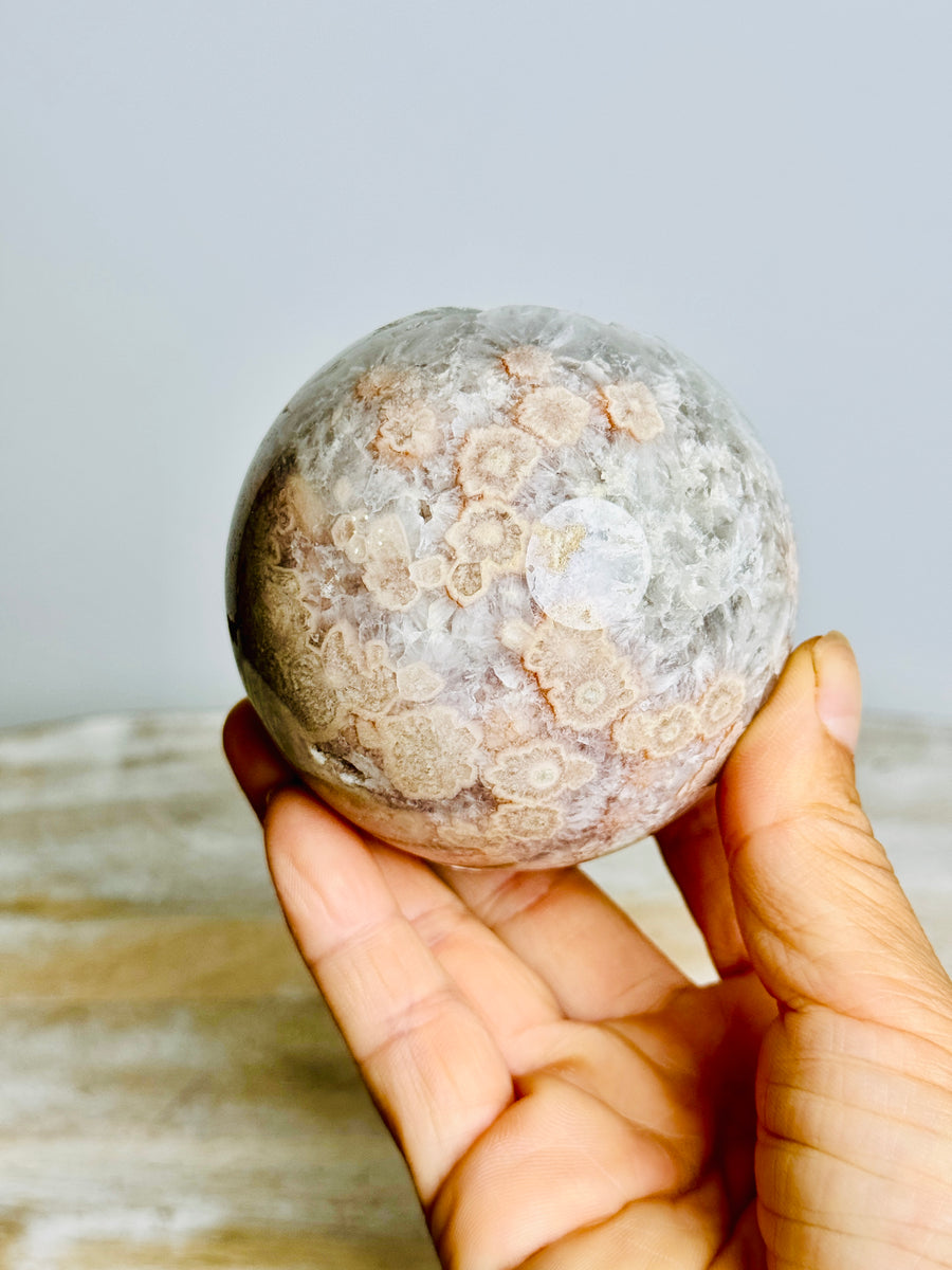 Prasiolite (Green Amethyst) with Flower Agate Sphere