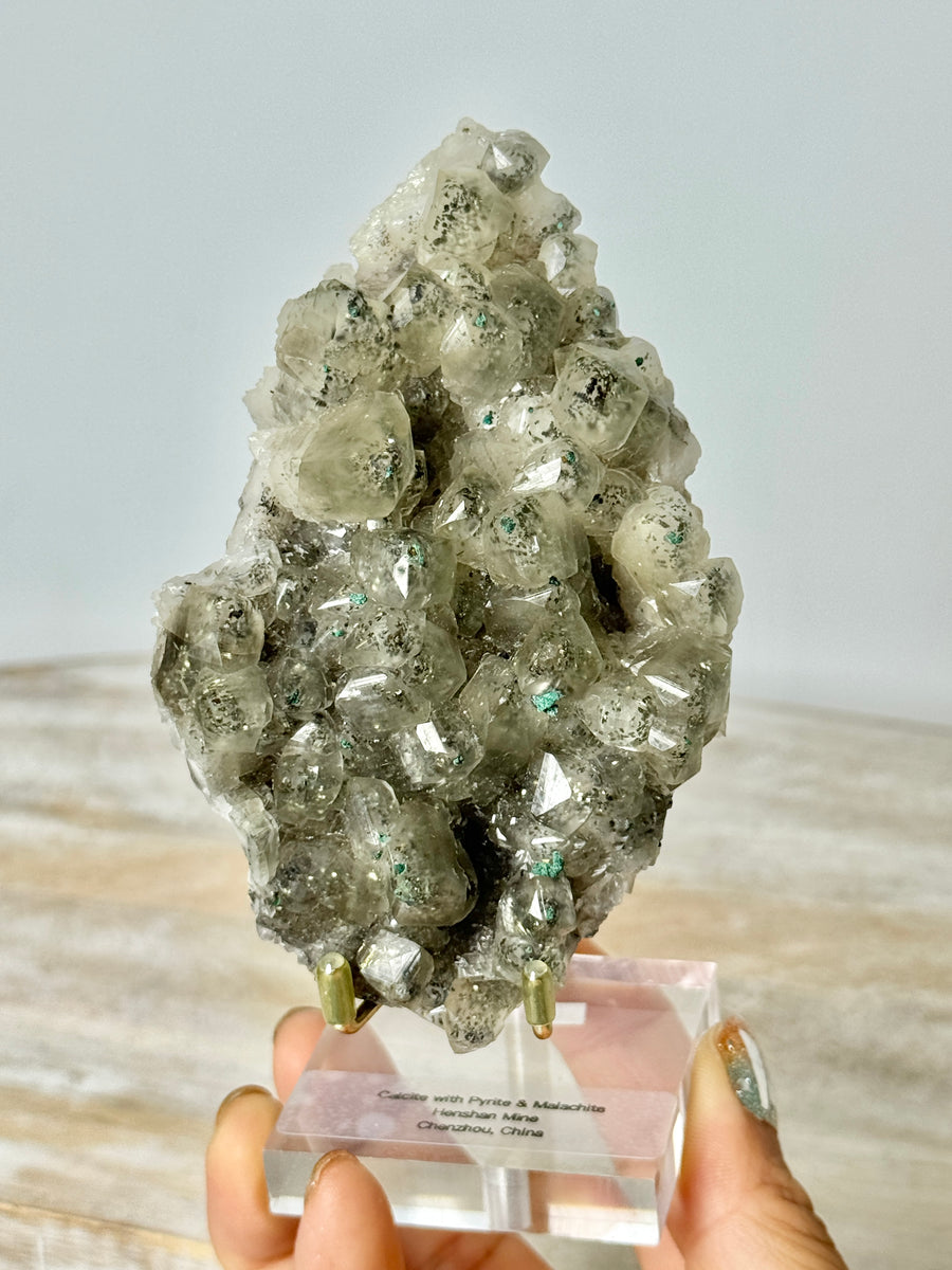 Calcite with Pyrite & Malachite from Henzhan Mine, China