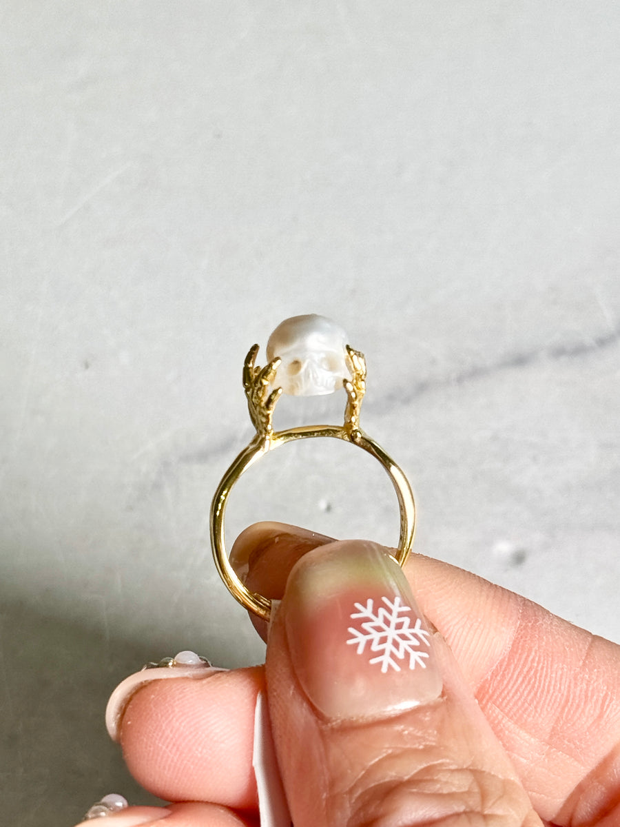 Fresh Water Pearl Skull Gold Plated 925 Sterling Silver Ring