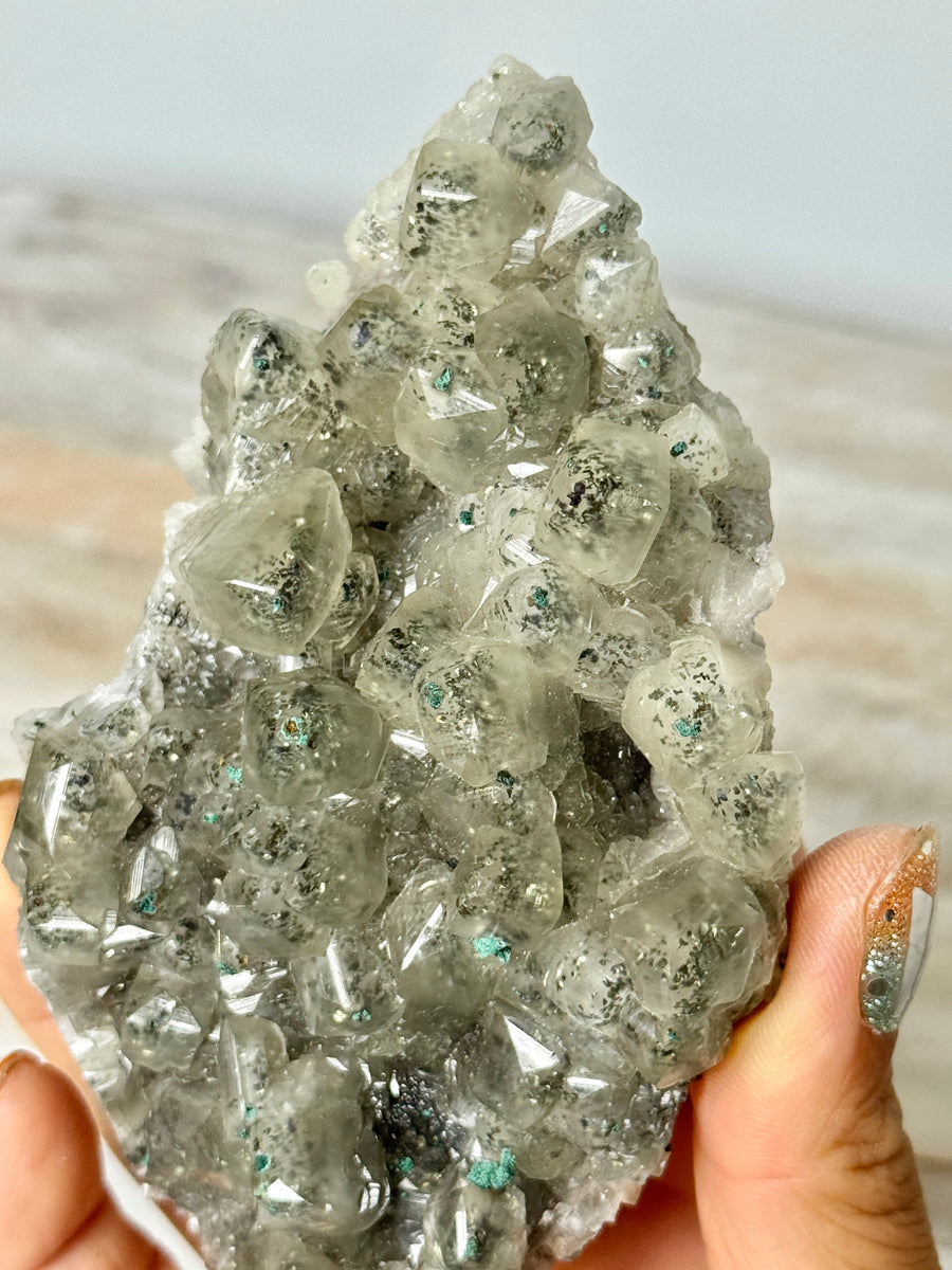 Calcite with Pyrite & Malachite from Henzhan Mine, China