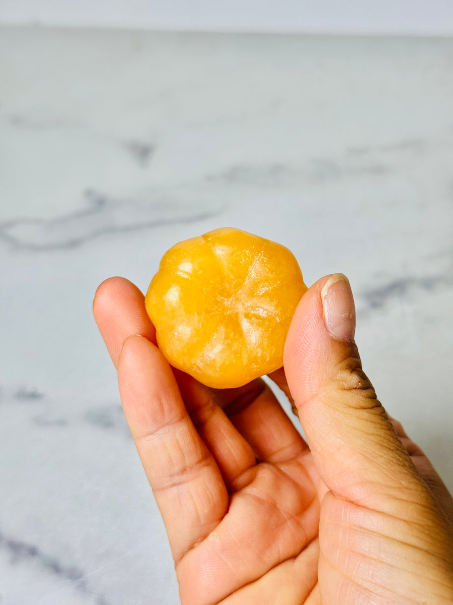 Orange Calcite Pumpkin with Green Jade Stem Carving