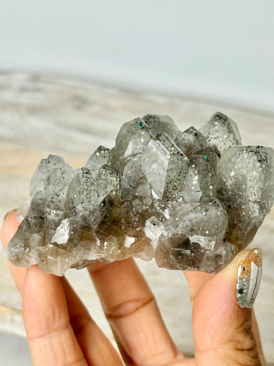 Calcite with Pyrite & Malachite from Henzhan Mine, China