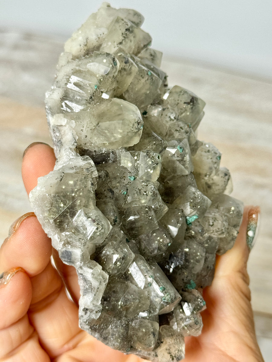 Calcite with Pyrite & Malachite from Henzhan Mine, China