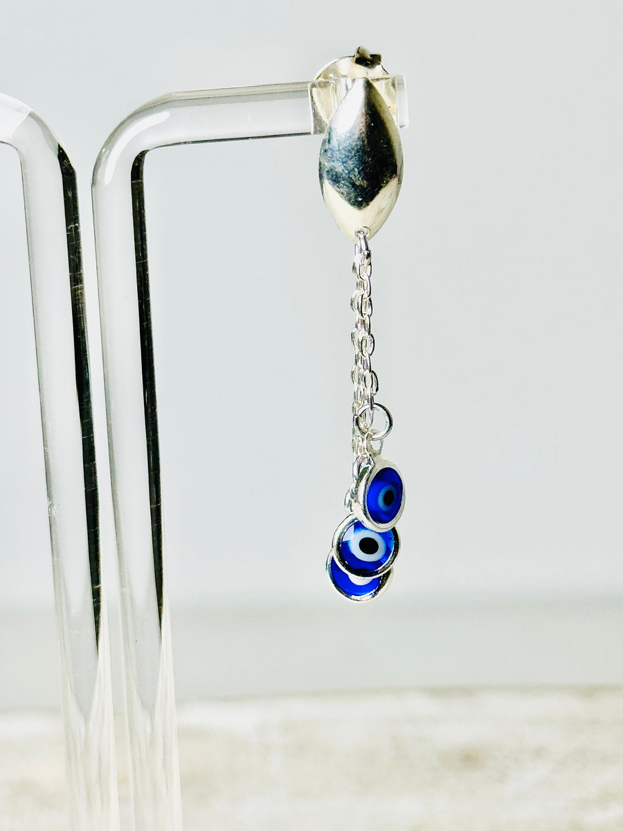 Silver Plated Palladium Navy Blue Evil Eye Chandelier Earrings