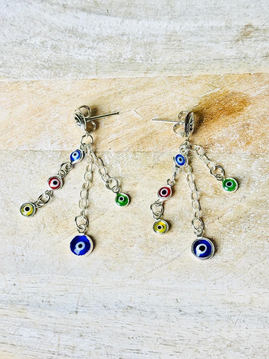 Silver Plated Palladium Multi-Color Evil Eye Chandelier Earrings