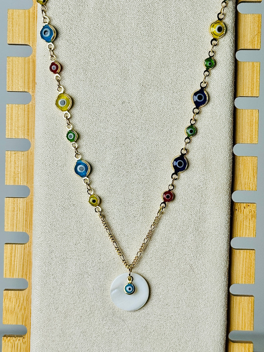 18k Gold Plated Over Palladium Multi-Color Evil Eye Necklace with Mother of Pearl Pendant