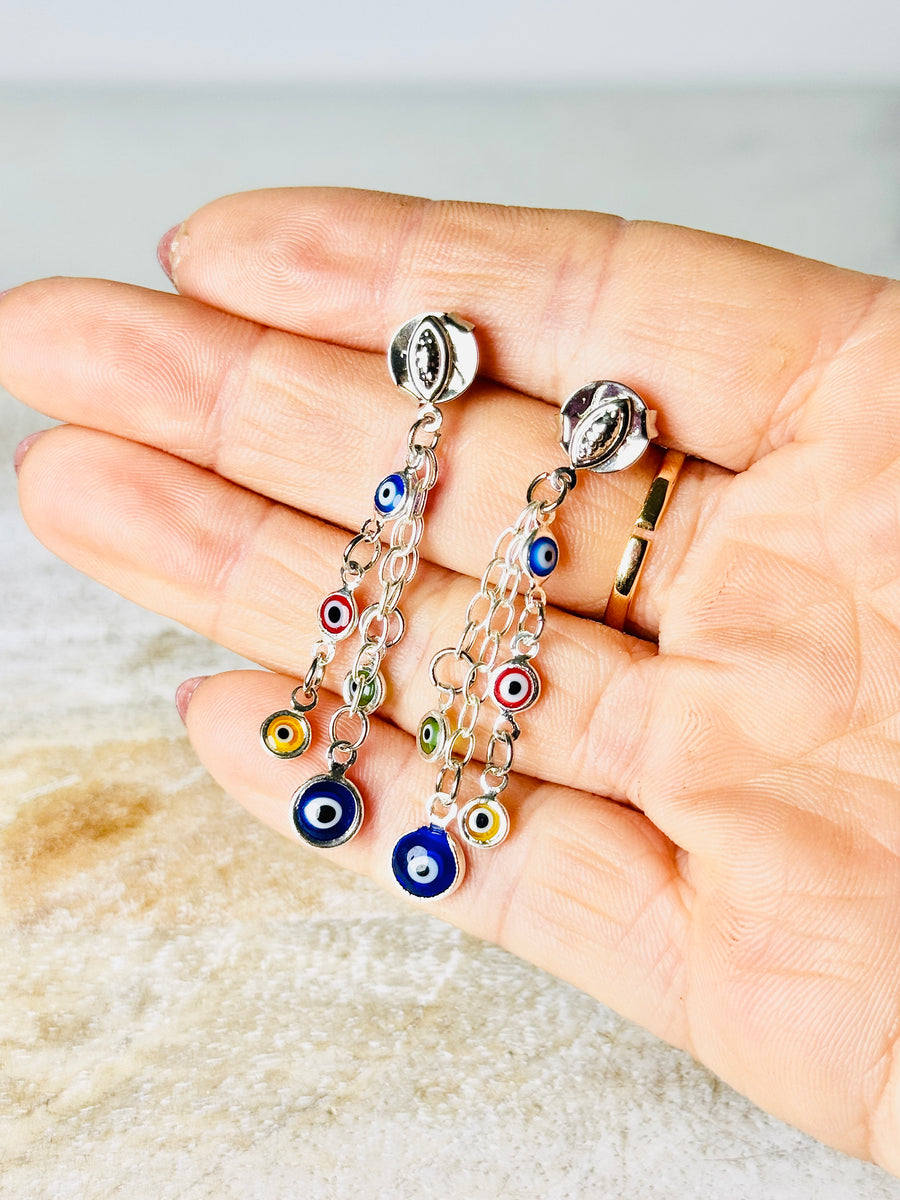 Silver Plated Palladium Multi-Color Evil Eye Chandelier Earrings