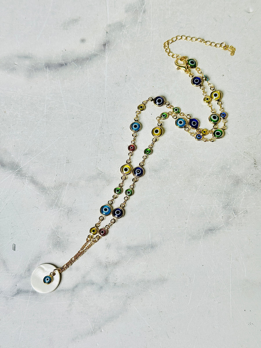 18k Gold Plated Over Palladium Multi-Color Evil Eye Necklace with Mother of Pearl Pendant