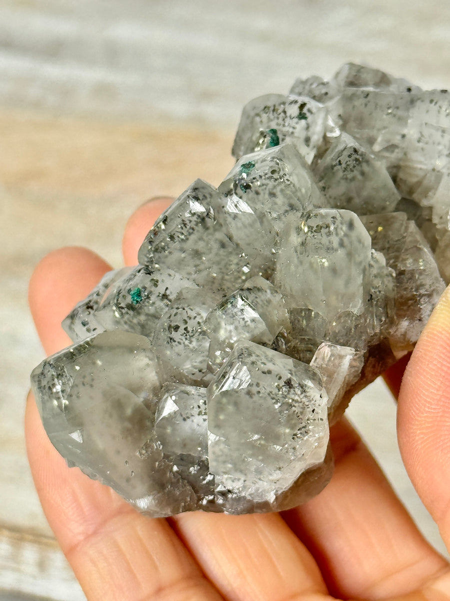 Calcite with Pyrite & Malachite from Henzhan Mine, China