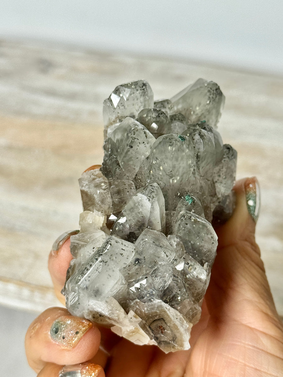 Calcite with Pyrite & Malachite from Henzhan Mine, China