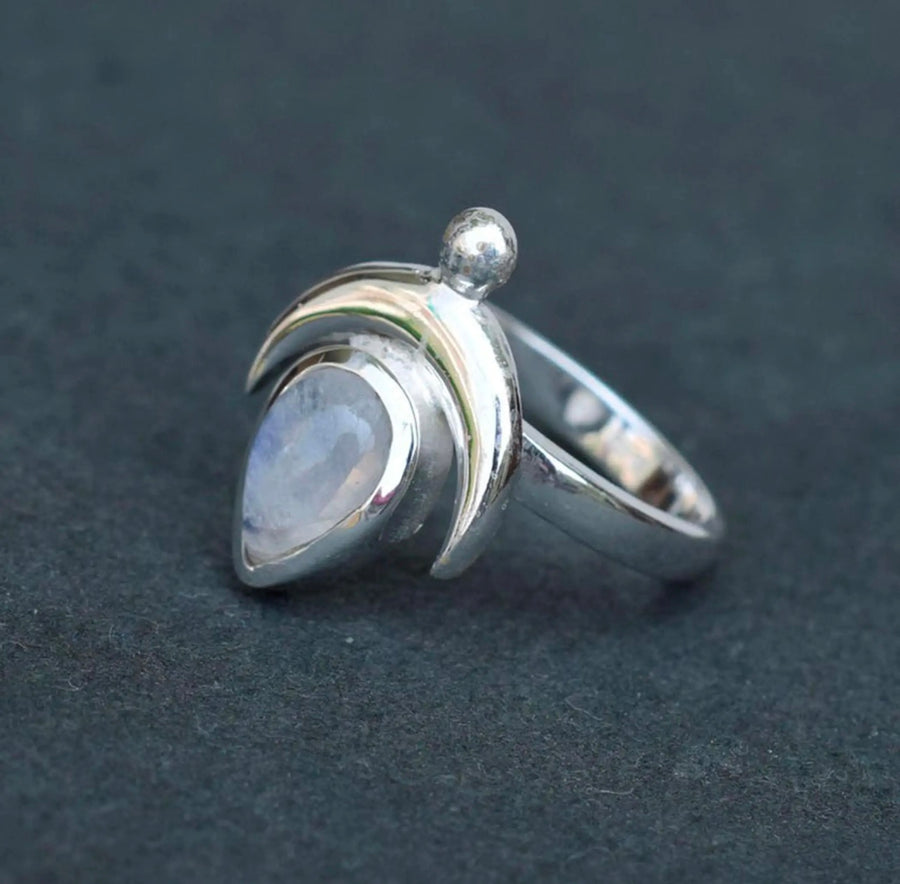 Moonstone Crescent Moon 925 Sterling Silver Ring