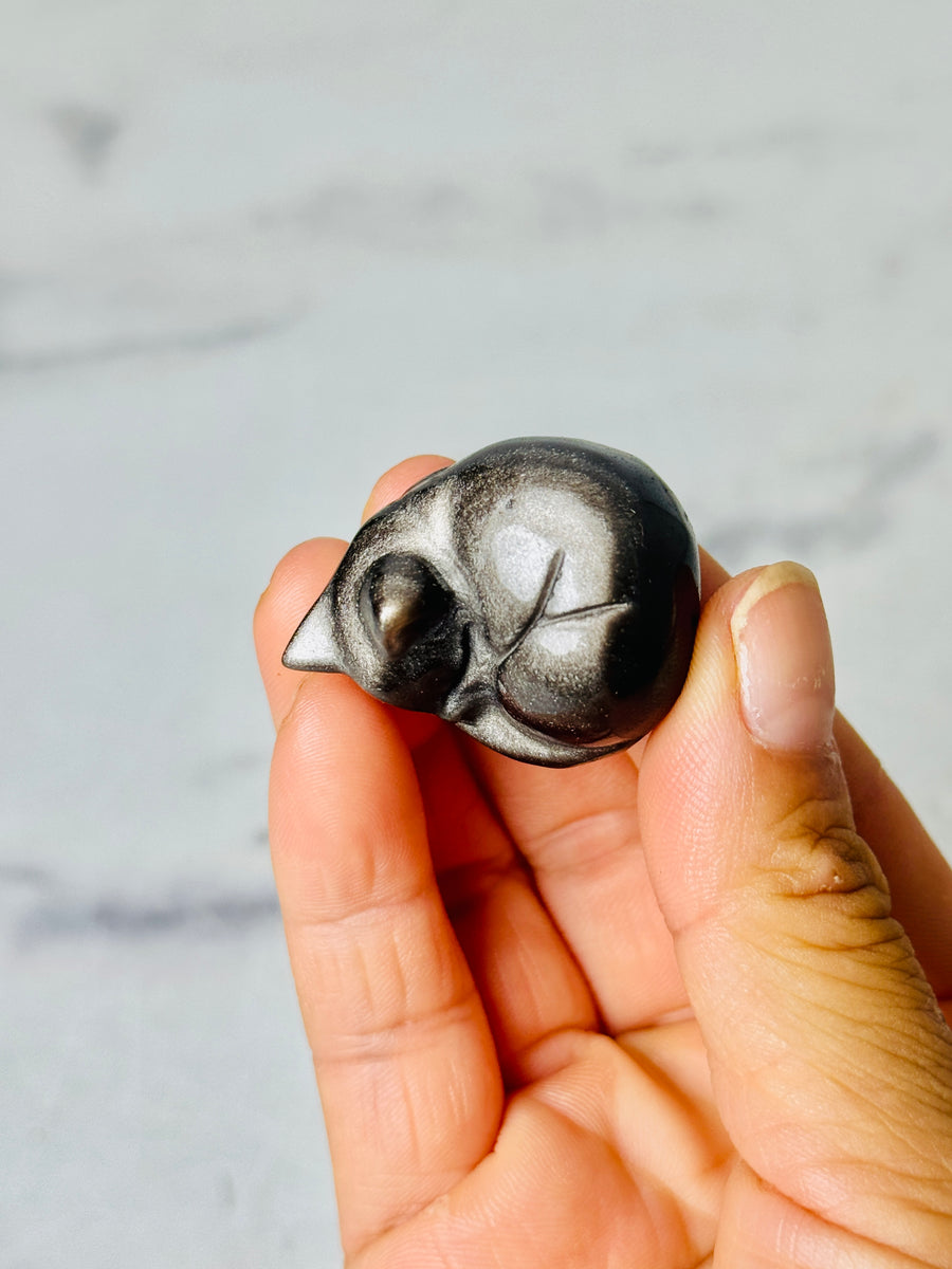 Silver Obsidian Sleeping Cat Carving