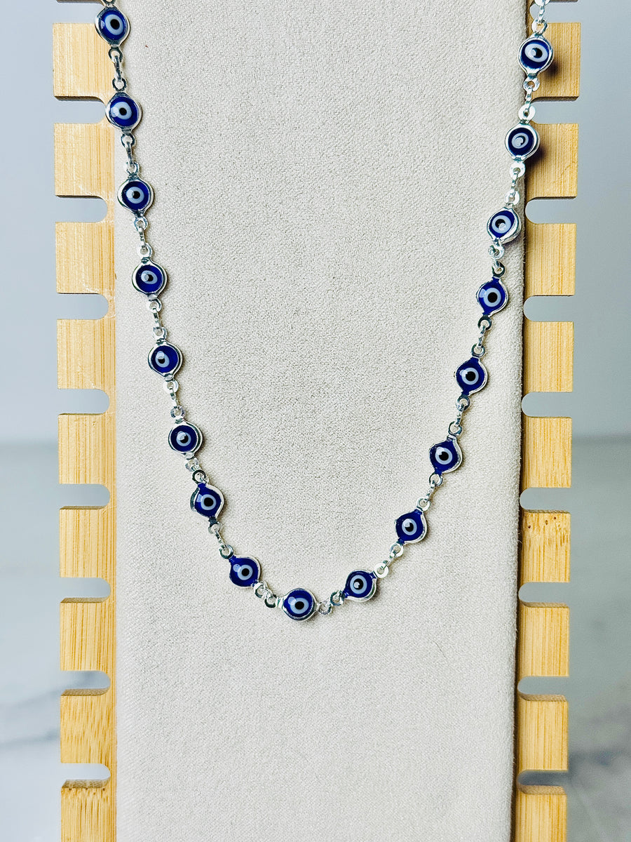 Silver Plated Palladium Navy Blue Evil Eye Necklace