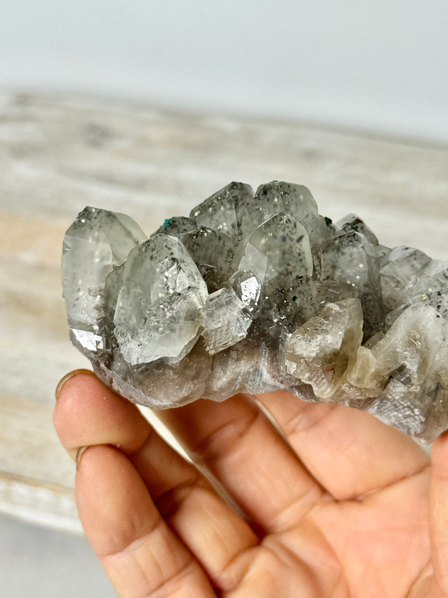 Calcite with Pyrite & Malachite from Henzhan Mine, China