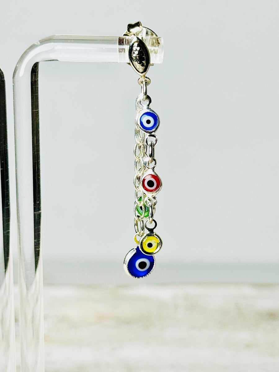 Silver Plated Palladium Multi-Color Evil Eye Chandelier Earrings