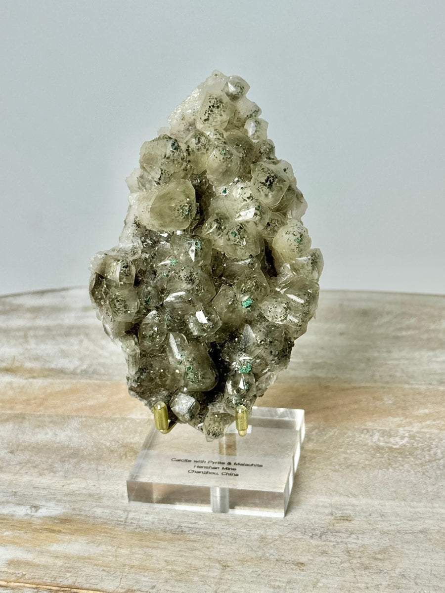 Calcite with Pyrite & Malachite from Henzhan Mine, China