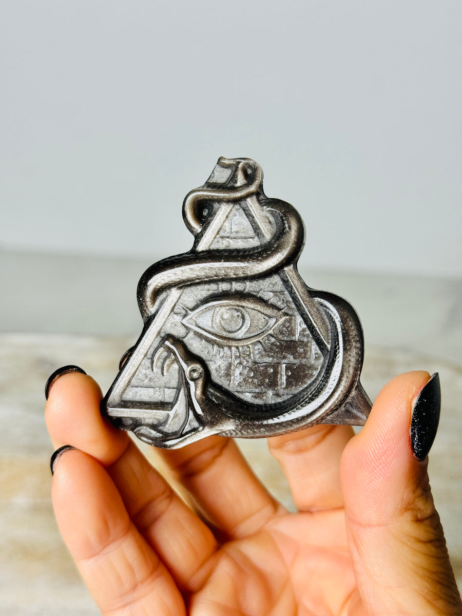 Silver Obsidian Snake with Evil Eye Pyramid Carving