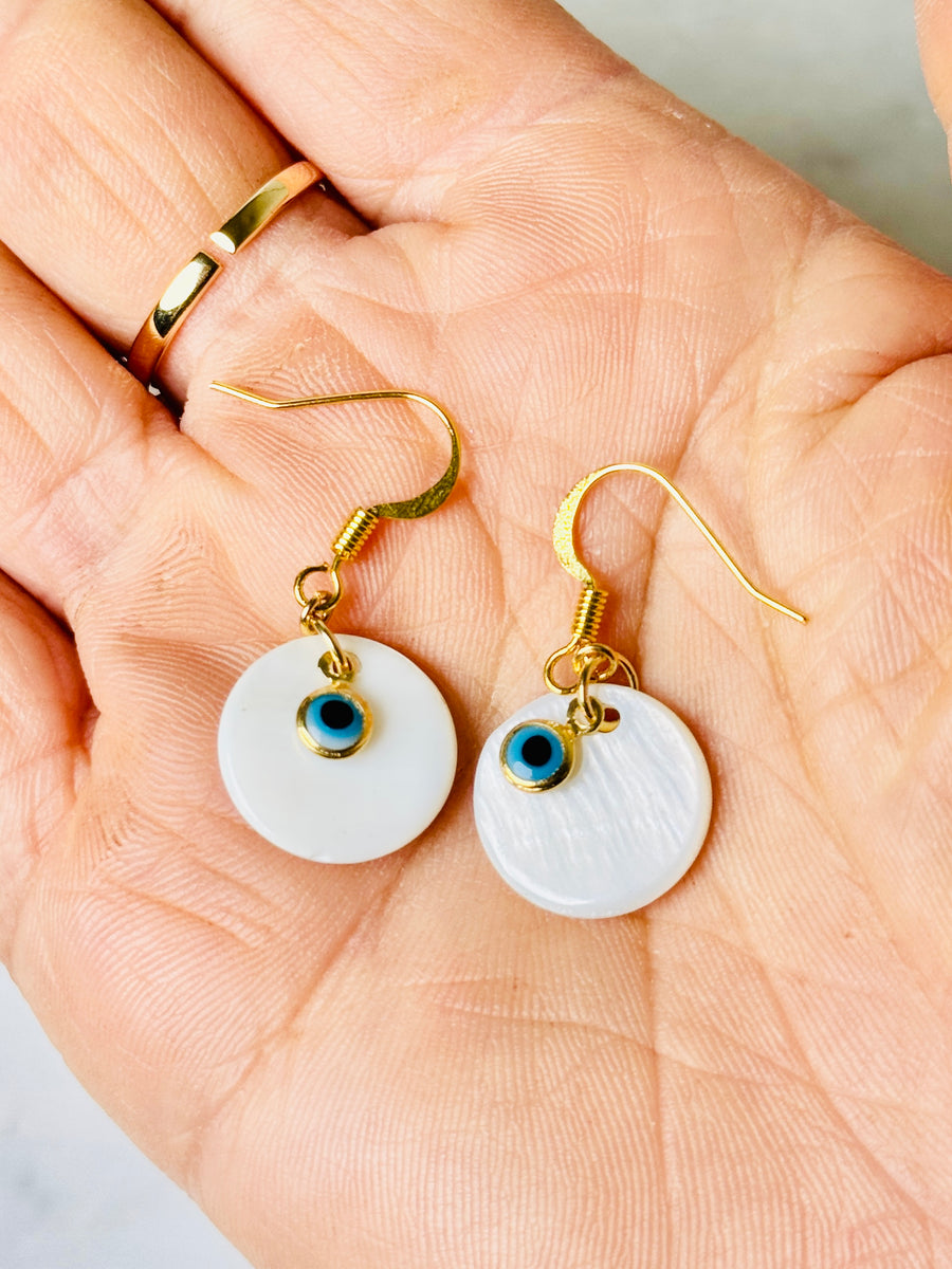 18k Gold Plated Palladium Light Blue Evil Eye with Mother of Pearl Earrings