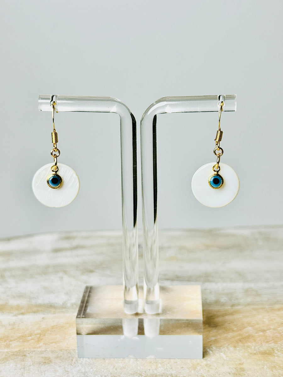 18k Gold Plated Palladium Light Blue Evil Eye with Mother of Pearl Earrings