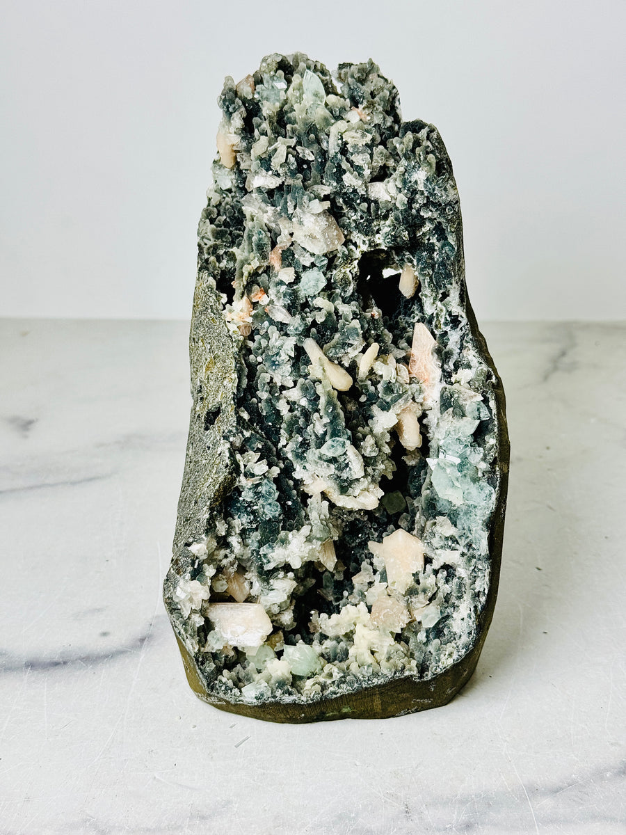 Black Chalcedony with Peach Stilbite, Clear & Green Apophyllite