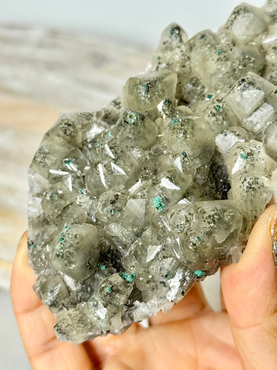 Calcite with Pyrite & Malachite from Henzhan Mine, China