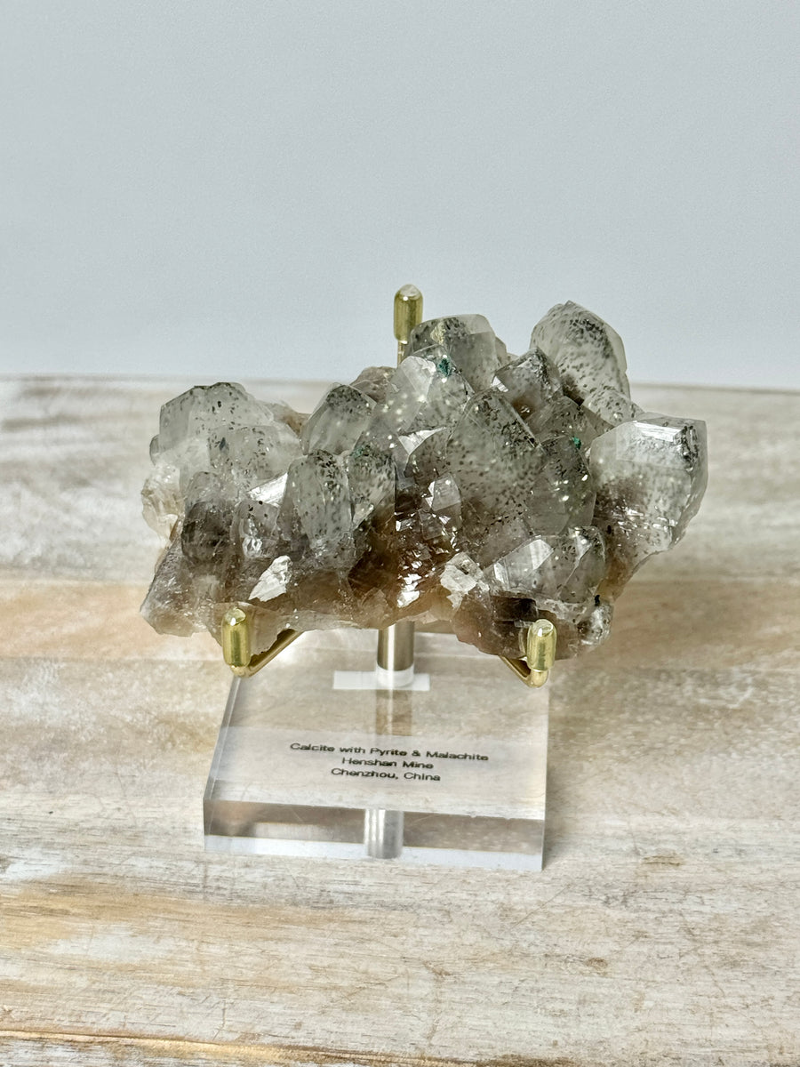 Calcite with Pyrite & Malachite from Henzhan Mine, China