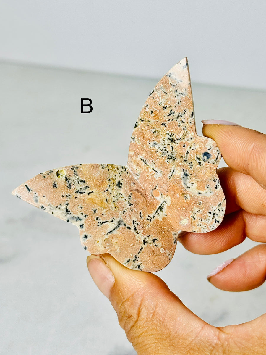 Pink Dendritic Agate 3D Butterfly Carving