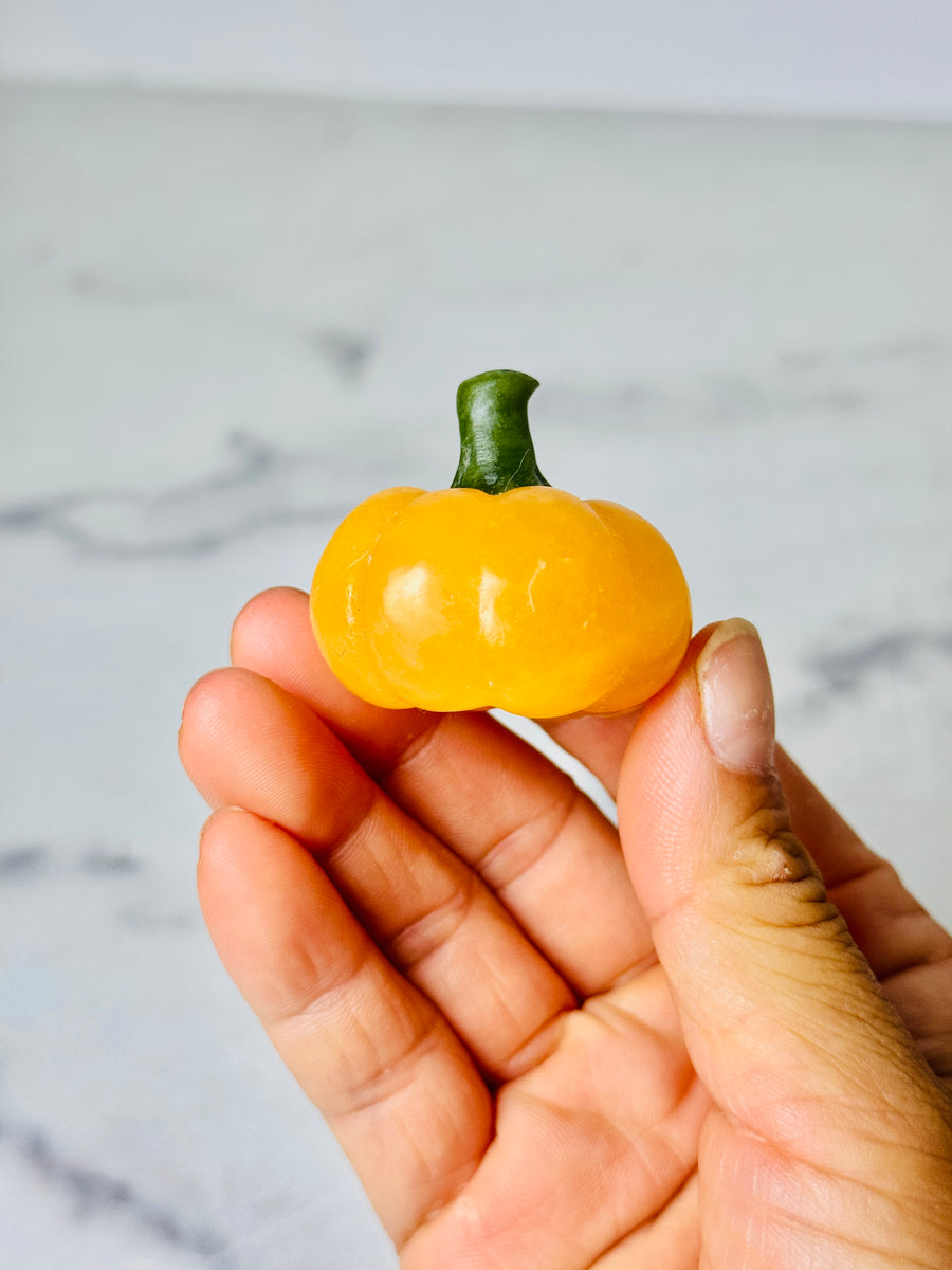 Orange Calcite Pumpkin with Green Jade Stem Carving