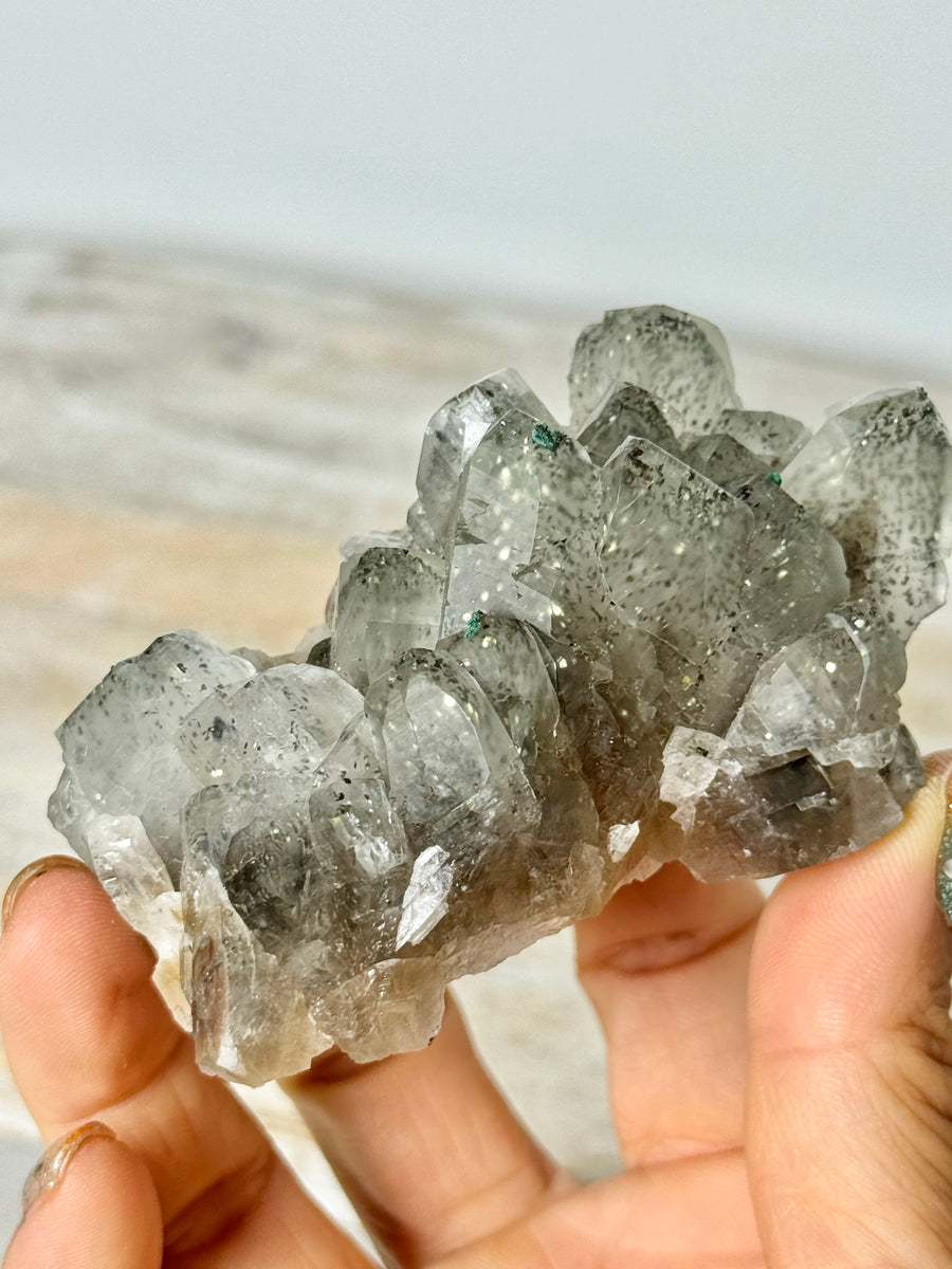 Calcite with Pyrite & Malachite from Henzhan Mine, China