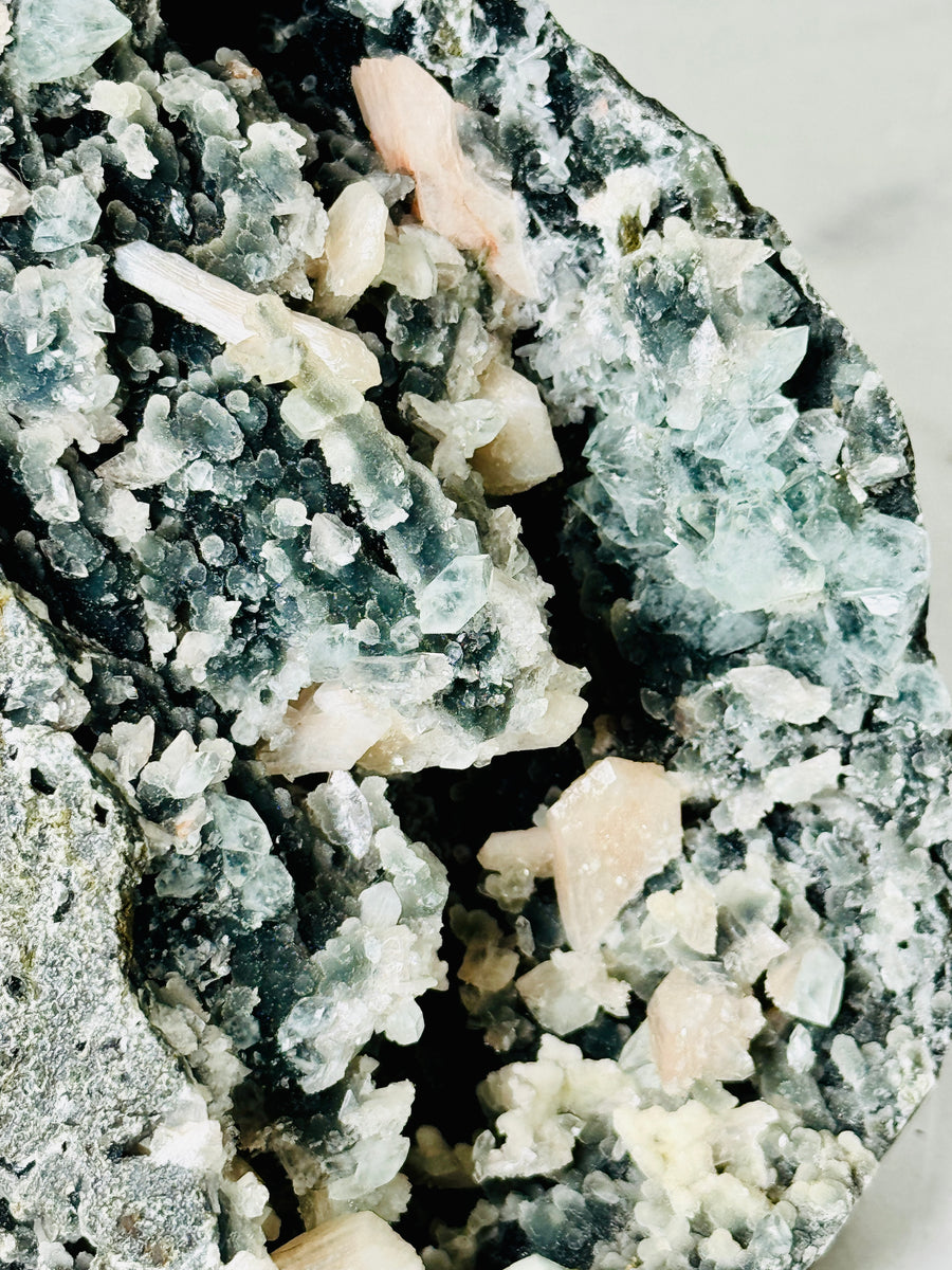 Black Chalcedony with Peach Stilbite, Clear & Green Apophyllite