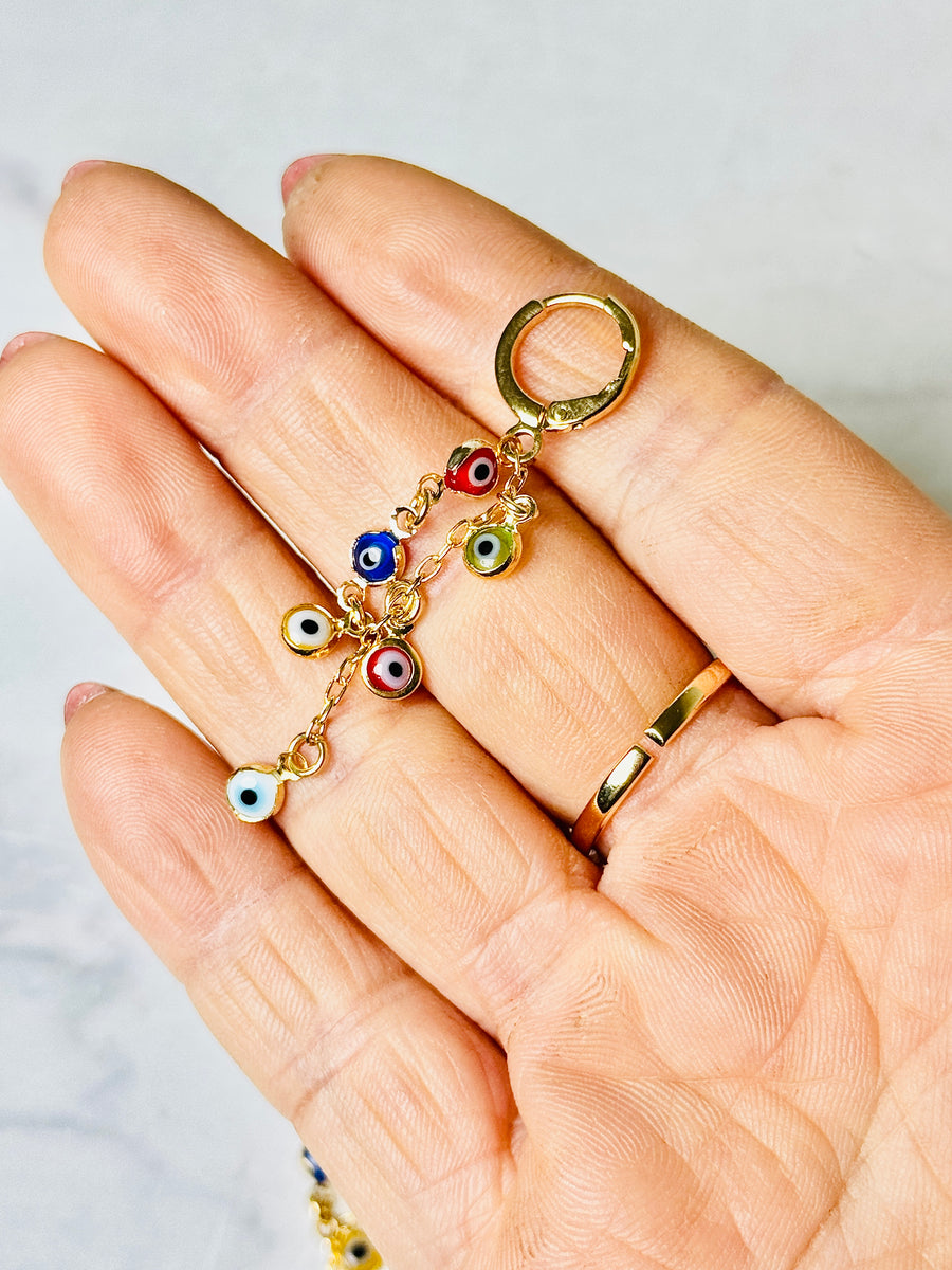 18K Gold Plated Palladium Multi-Color Evil Eye On Mini Hoop Earrings