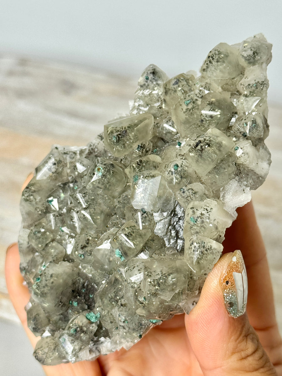 Calcite with Pyrite & Malachite from Henzhan Mine, China
