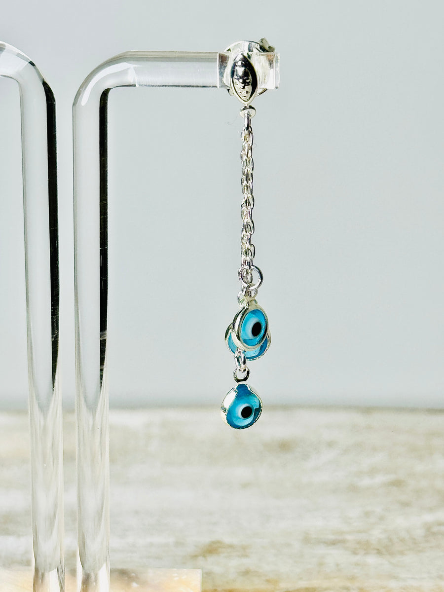 Silver Plated Palladium Light Blue Evil Eye Chandelier Earrings