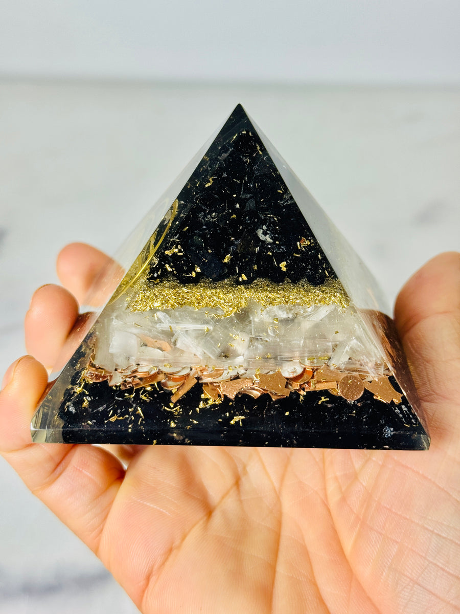 Black Tourmaline, Selenite, Copper & Gold Orgonite