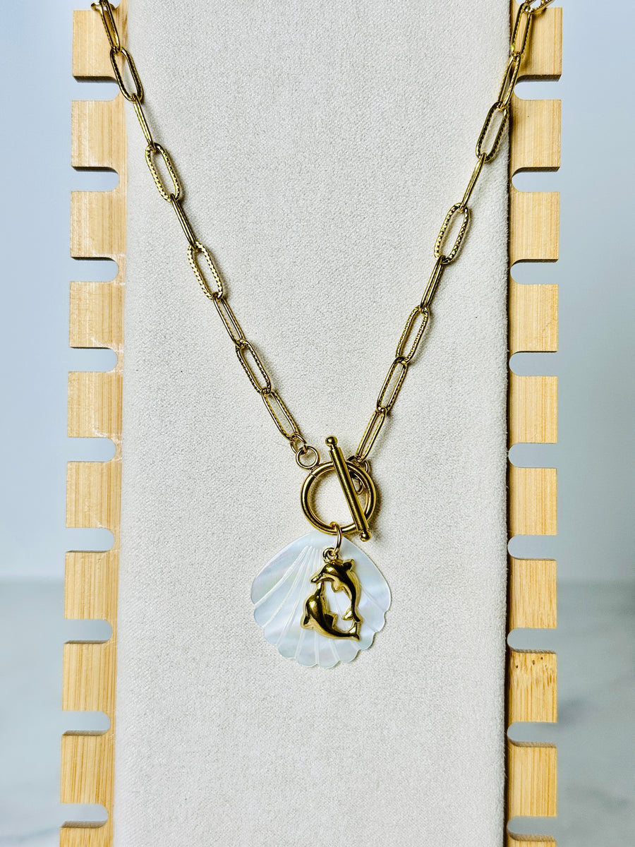 “Ocean Harmony” Gold Plated Dolphin & Mother of Pearl Toggle Necklace