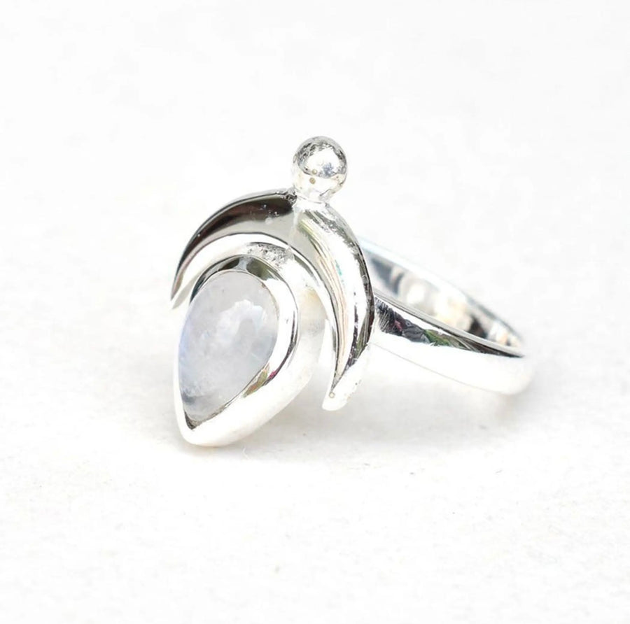 Moonstone Crescent Moon 925 Sterling Silver Ring