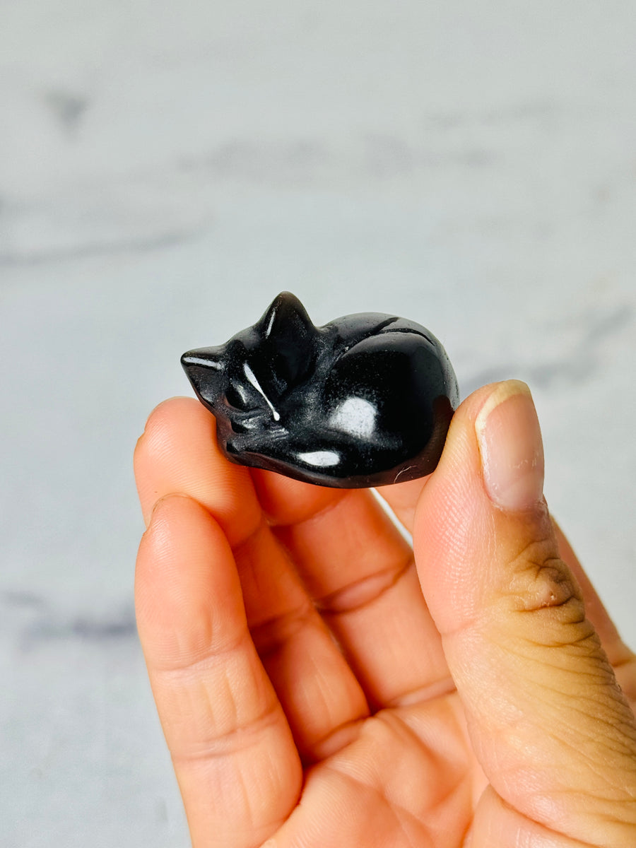 Silver Obsidian Sleeping Cat Carving