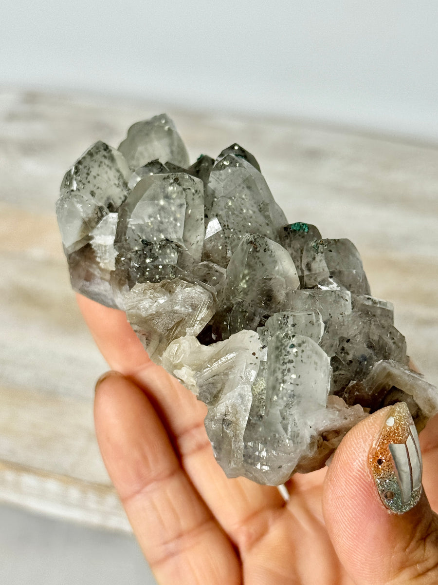 Calcite with Pyrite & Malachite from Henzhan Mine, China
