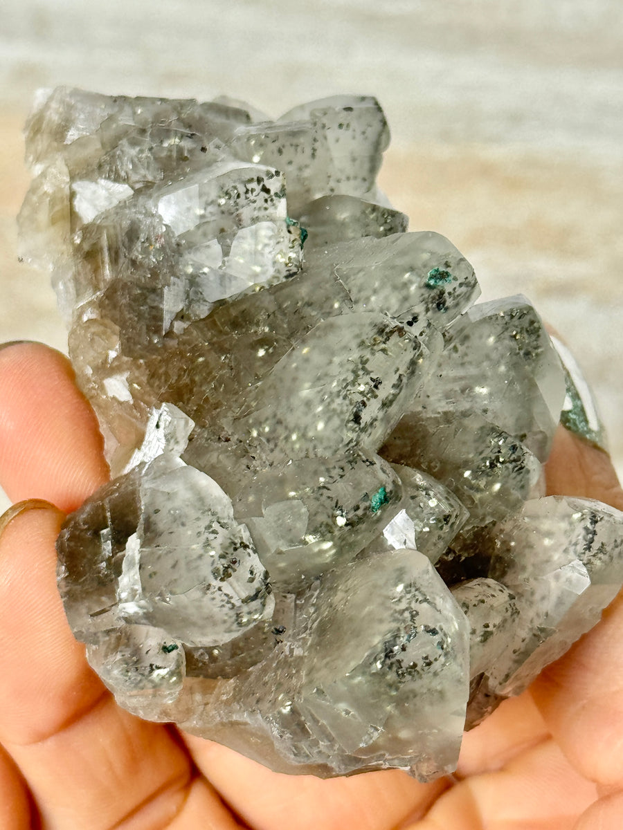 Calcite with Pyrite & Malachite from Henzhan Mine, China