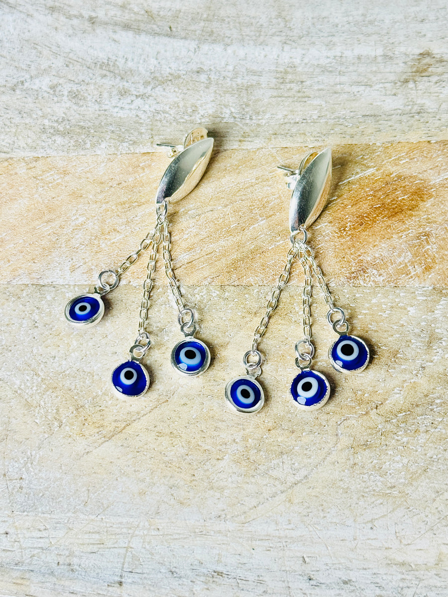 Silver Plated Palladium Navy Blue Evil Eye Chandelier Earrings