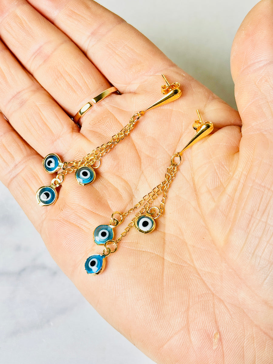 18k Gold Plated Palladium Light Blue Evil Eye Chandelier Earrings