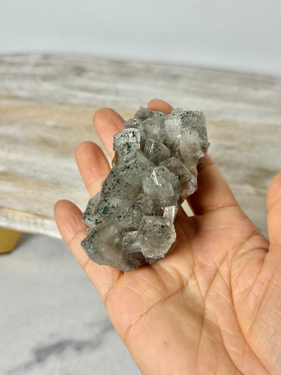 Calcite with Pyrite & Malachite from Henzhan Mine, China