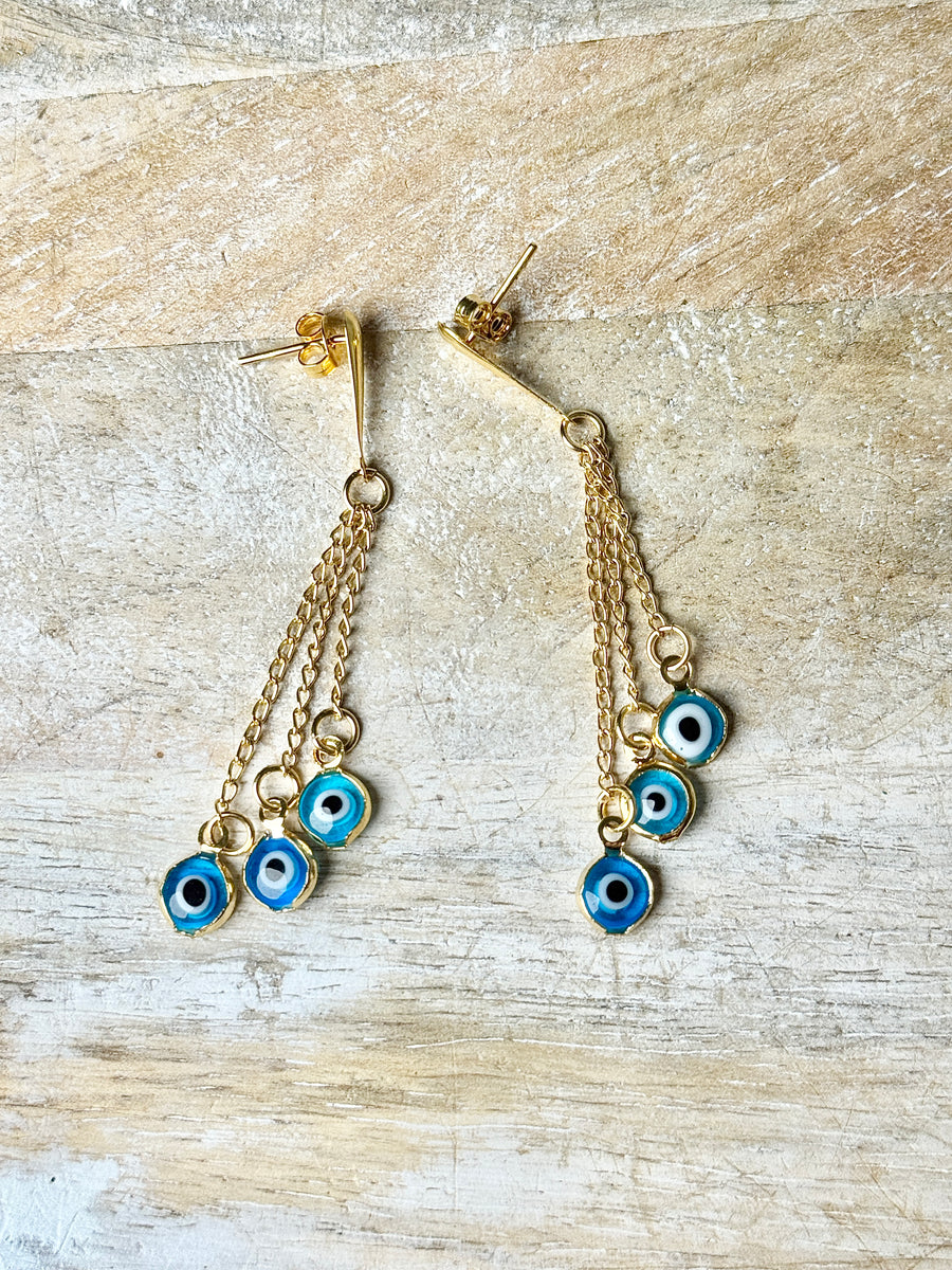 18k Gold Plated Palladium Light Blue Evil Eye Chandelier Earrings