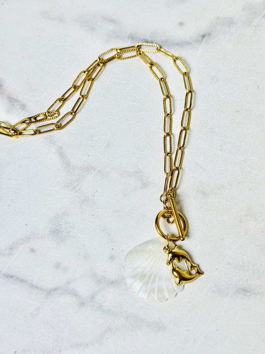 “Ocean Harmony” Gold Plated Dolphin & Mother of Pearl Toggle Necklace