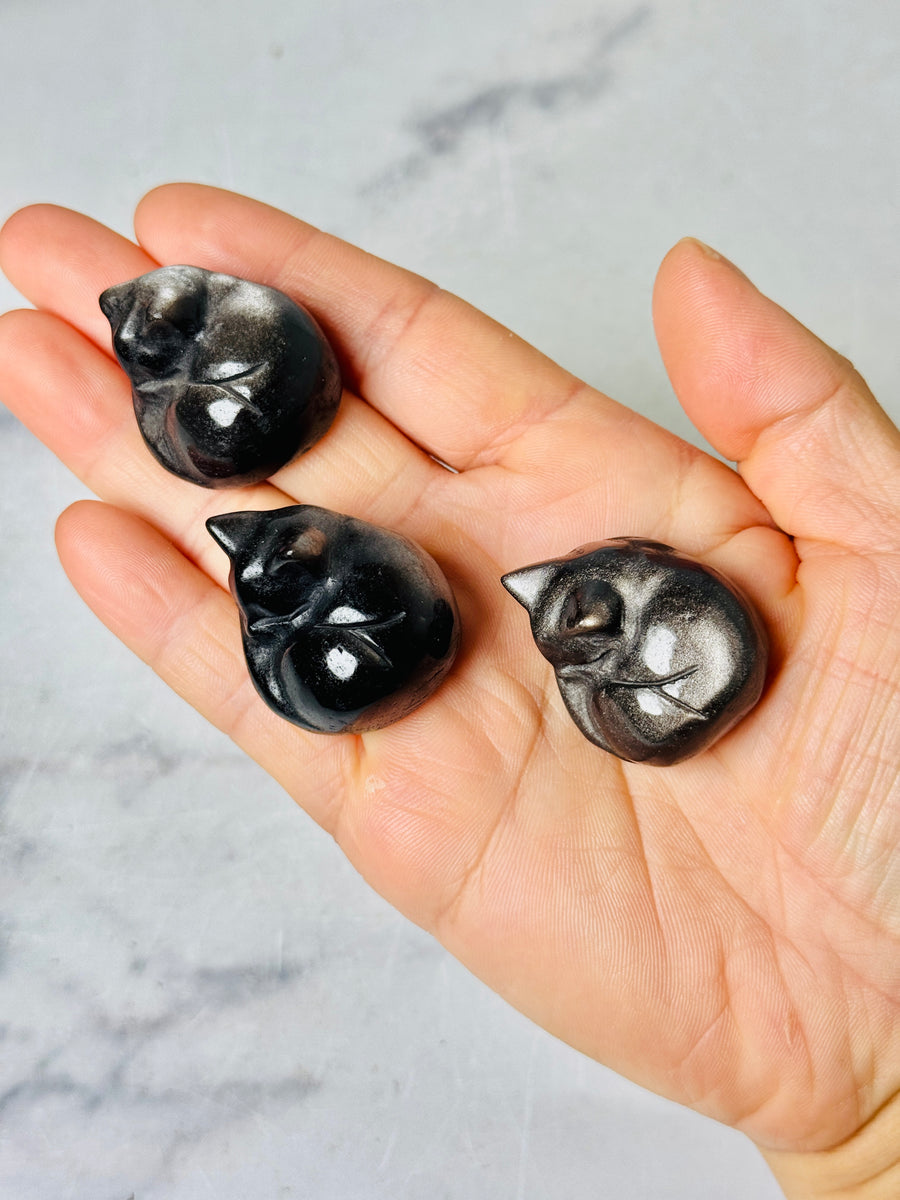 Silver Obsidian Sleeping Cat Carving