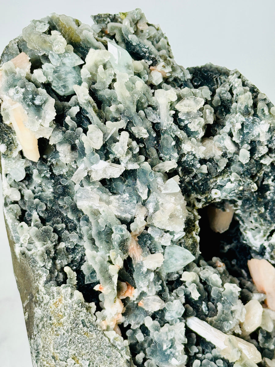 Black Chalcedony with Peach Stilbite, Clear & Green Apophyllite