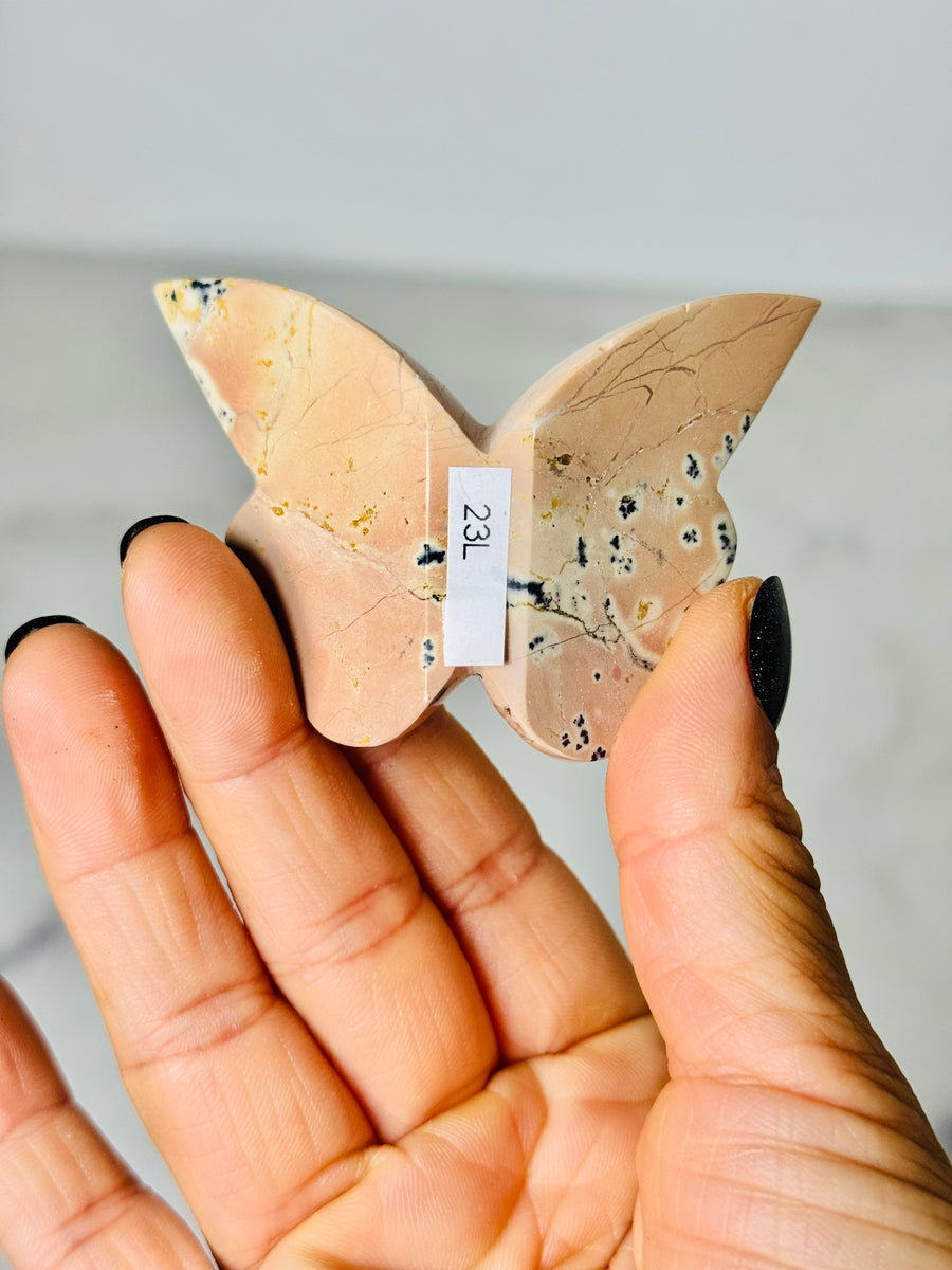 Pink Dendritic Agate 3D Butterfly Carving